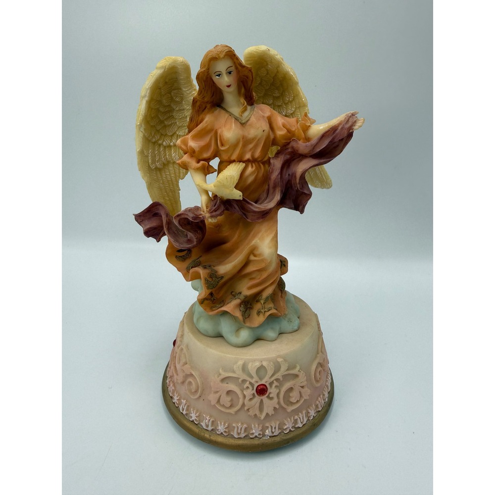 Vintage Angel Music Box Figurine with Dove Peach Mauve Wings Religious Decor
